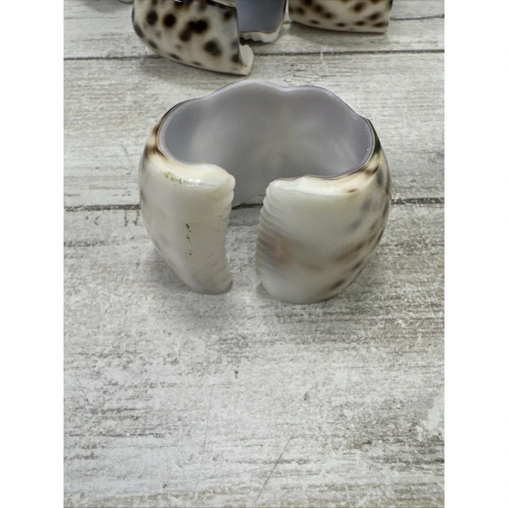 Vintage Hand Carved Cowrie Shell Napkin Rings Set of 6 Floral Etched Coastal